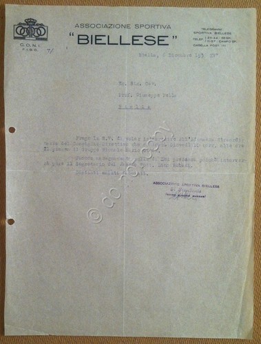 Carta Intestata - Biella - Associazione sportiva biellese - 1936 …