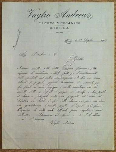 Carta Intestata - Biella - Vaglio Andrea - Raccomandata - …