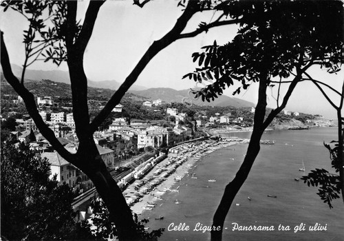 Cartolina - Celle Ligure - panorama dall'alto - 1956 (Savona)