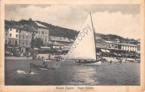 Cartolina - Finale Ligure Bagni Ondina barca a vela animata …