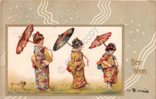 Cartolina - Illustrata - Augurale - donnine - Giapponesi - …