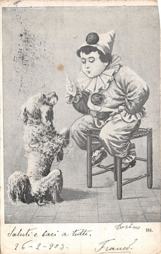 Cartolina - Illustrata - Augurale - Pierrot - cane - …