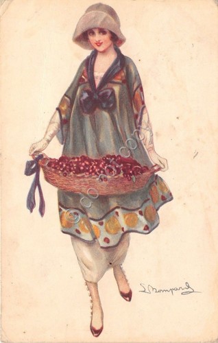 Cartolina - Illustrata - Donnina - cesto ciliegie - 1920