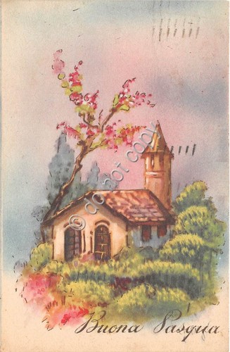 Cartolina - illustrata augurale Buona Pasqua chiesa con fiori di …