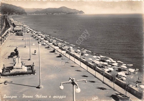 Cartolina - Lavagna - Piazza Milano - spiaggia - 1957