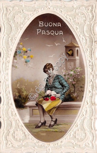 Cartolina - Postcard - Buon Pasqua - bordo a ricamo …
