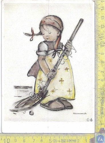 Cartolina - Postcard - Illustrata Hummel - Bambina con scopa