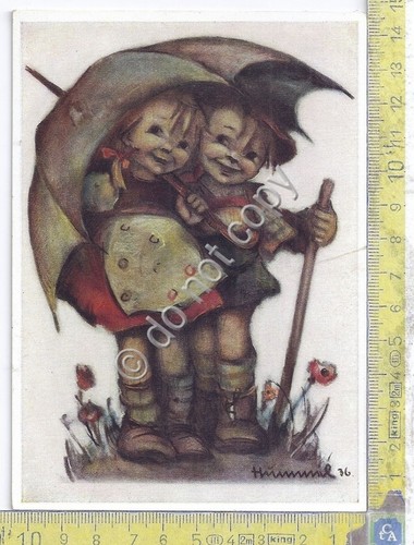 Cartolina - Postcard - Illustrata Hummel - Bambini con ombrello