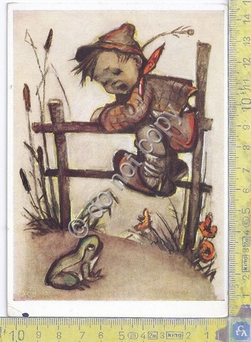 Cartolina - Postcard - Illustrata Hummel - Bambino e rana