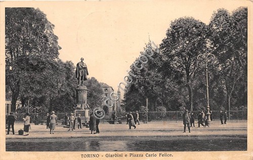 Cartolina - Torino Giardini e Piazza Carlo Felice animata 1938