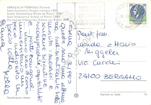 Cartolina Abbazia di Pomposa timbro a targhetta Centenario Banco di …