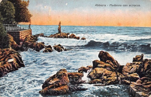 Cartolina Abbazia Madonna con scirocco illustrata 1928 danneggiata