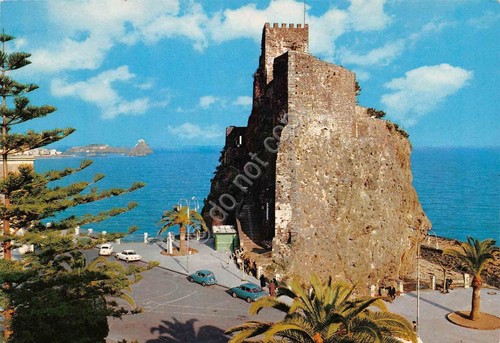 Cartolina Acicastello veduta dall'alto auto 1985