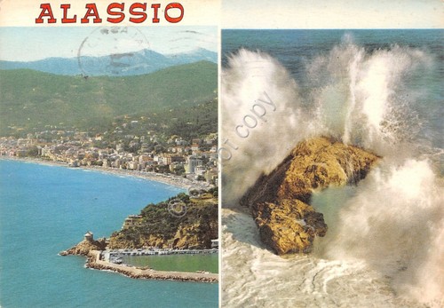 Cartolina Alassio 2 vedute mareggiata panorama (Savona)