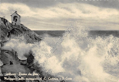 Cartolina Alassio Mareggiata sulla passeggiata Cadorna a Santa C. (Savona)
