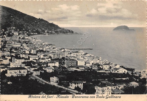 Cartolina Alassio Panorama dall'alto Isola Gallinara 1951