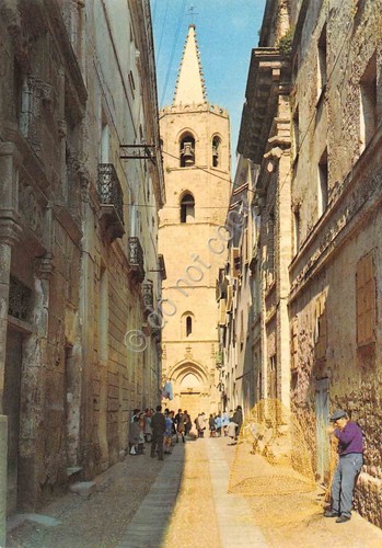 Cartolina Alghero Catalana Campanile Aragonese viottolo animata