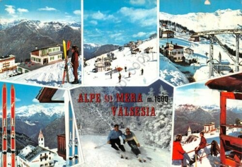 Cartolina Alpe di Mera Valsesia vedute sci sciatori Timbro Evelin …