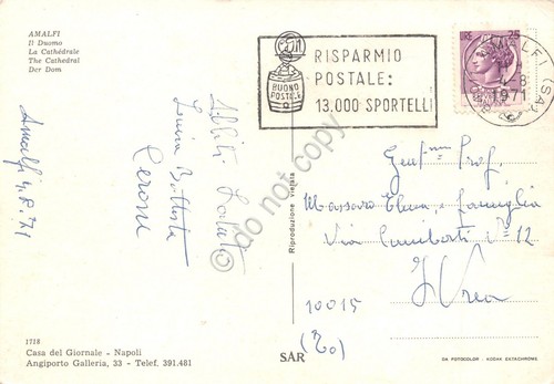 Cartolina Amalfi Duomo timbro a targhetta Risparmio postale 1971 (Salerno)