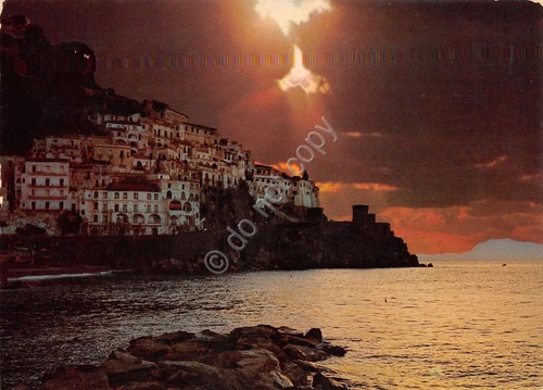 Cartolina Amalfi panorama parziale dal mare al tramonto 1980