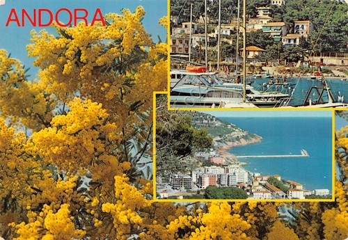 Cartolina Andora 3 vedute panorama porto mimose 1983 (Savona)
