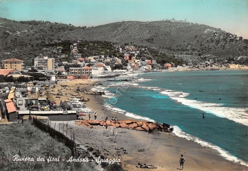 Cartolina Andora spiaggia colorata 1962