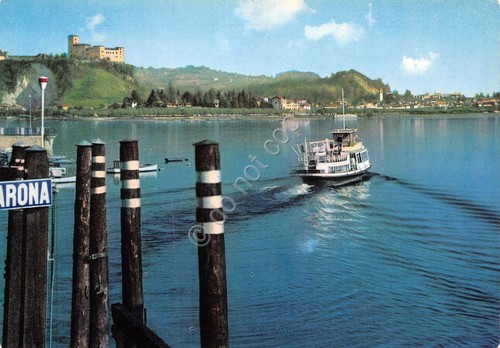 Cartolina Angera Rocca vista da Arona battello (Novara)