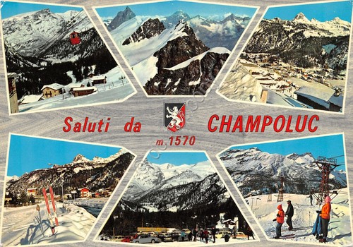 Cartolina Aosta Champoluc vedutine sci sciatori