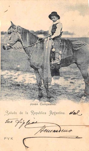 Cartolina Argentina joven campesino a cavallo 1900 circa probabile ritaglio
