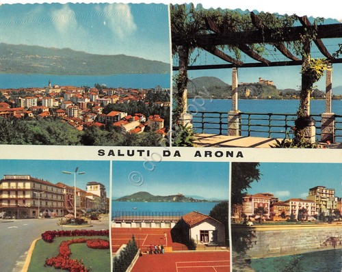 Cartolina Arona vedute varie panorama case campo da tennis