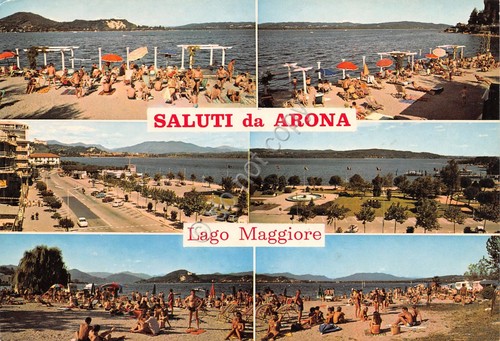 Cartolina Arona vedute varie spiagge lago animata anni '80