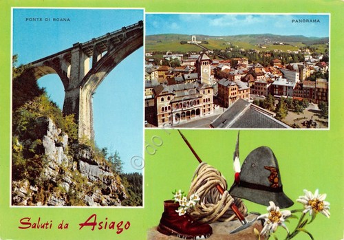 Cartolina Asiago 2 vedute ponte di Roana panorama cappello alpini …
