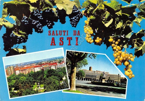 Cartolina Asti vedute uva timbro a targhetta stradale