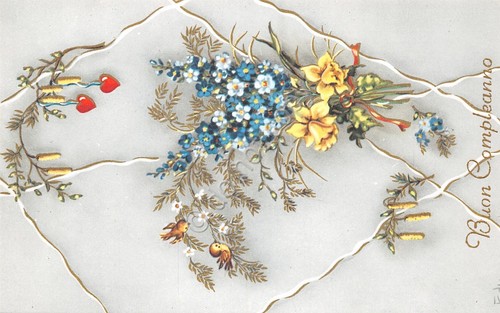 Cartolina Augurale Buon Compleanno in rilievo con fiori e oro …