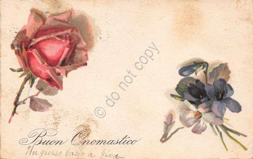 Cartolina Augurale Buon Onomastico rosa violette 1927 macchie ingiallimento