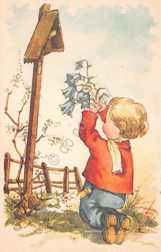 Cartolina Augurale illustrata bambino che offre fiori a tabernacolo santella