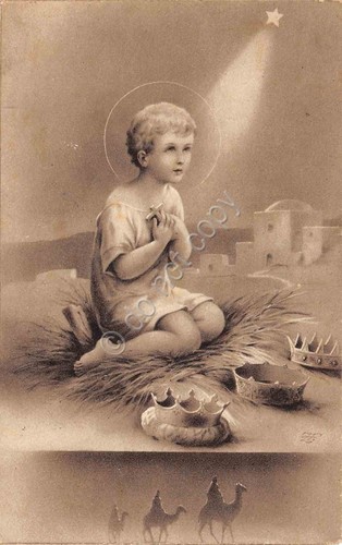 Cartolina Augurale Natale Gesù re Magi corone anni '40