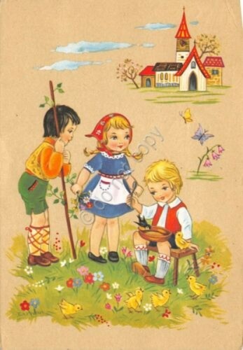 Cartolina Augurale Pasqua bambini pulcini fiori 1969