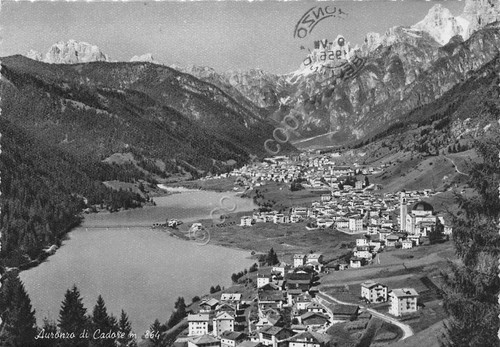 Cartolina Auronzo di Cadore panorama case 1956