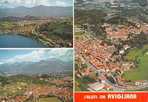 Cartolina Avigliana vedute panorama aereo con case 1980