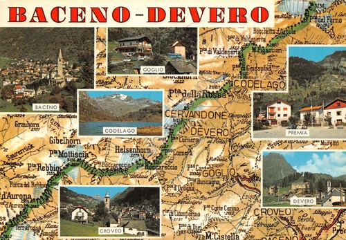 Cartolina Baceno Devero vedute su mappa stradale 1975 (Verbania)
