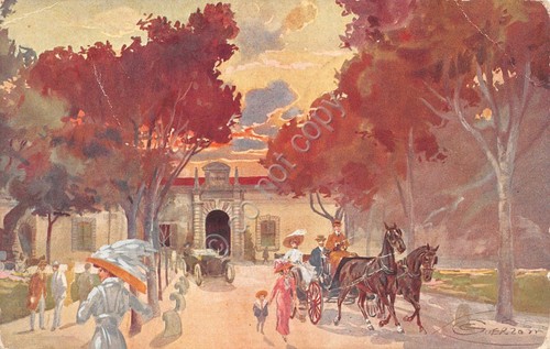 Cartolina Bagni di Montecatini Stabilimento Tettuccio illustrata Guerzoni 1916