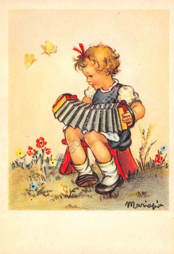 Cartolina Bambina con fisarmonica fiori Illustrata Mariapia Ripro da originale