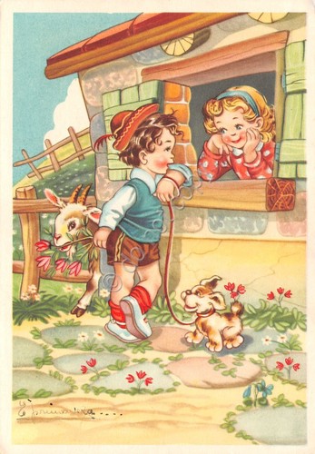 Cartolina Bambini innamorati Brichetto e Trappola cane capra fiori 1955