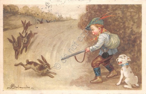 Cartolina Bambino cacciatore fucile cane caccia coniglio 1934 illustrata Colombo