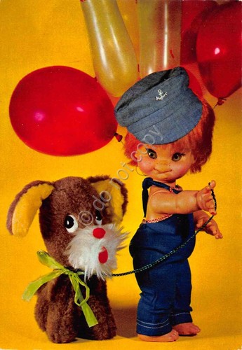 Cartolina Bambola con cane peluche palloncini anni '60 Cecami