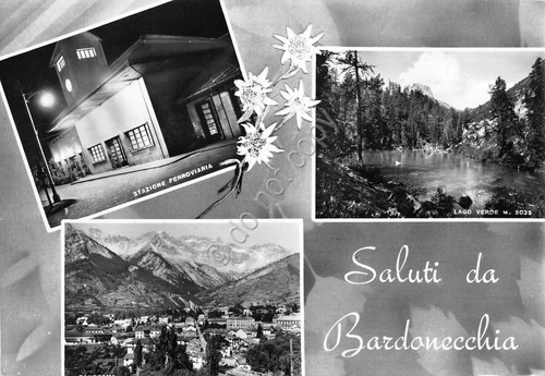 Cartolina Bardonecchia vedute stazione panorama lago Timbro Ristorante Smith '59