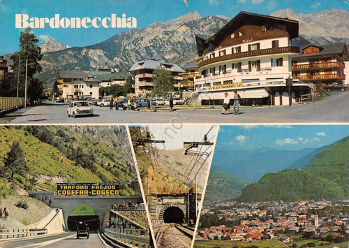 Cartolina Bardonecchia vedute varie Traforo Frejus Hotel Gangia galleria 1981