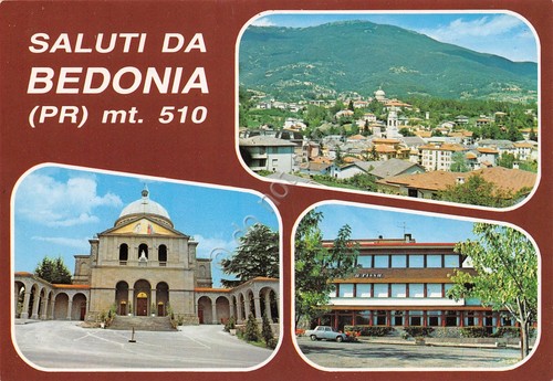 Cartolina Bedonia vedute albergo U. Rissu (Parma)