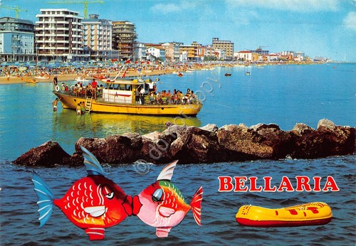Cartolina Bellaria vista della spiaggia dal mare barca disegno di …